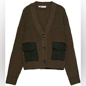 Zara Knit Contrast Pockets Oversized Cardigan Sweater • Cocoa Brown • S Small
